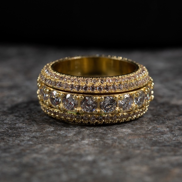 Hip Hop Yellow Gold Plated Iced Pointer Cz Men's Eternity Statement Ring - Picture 4 of 5